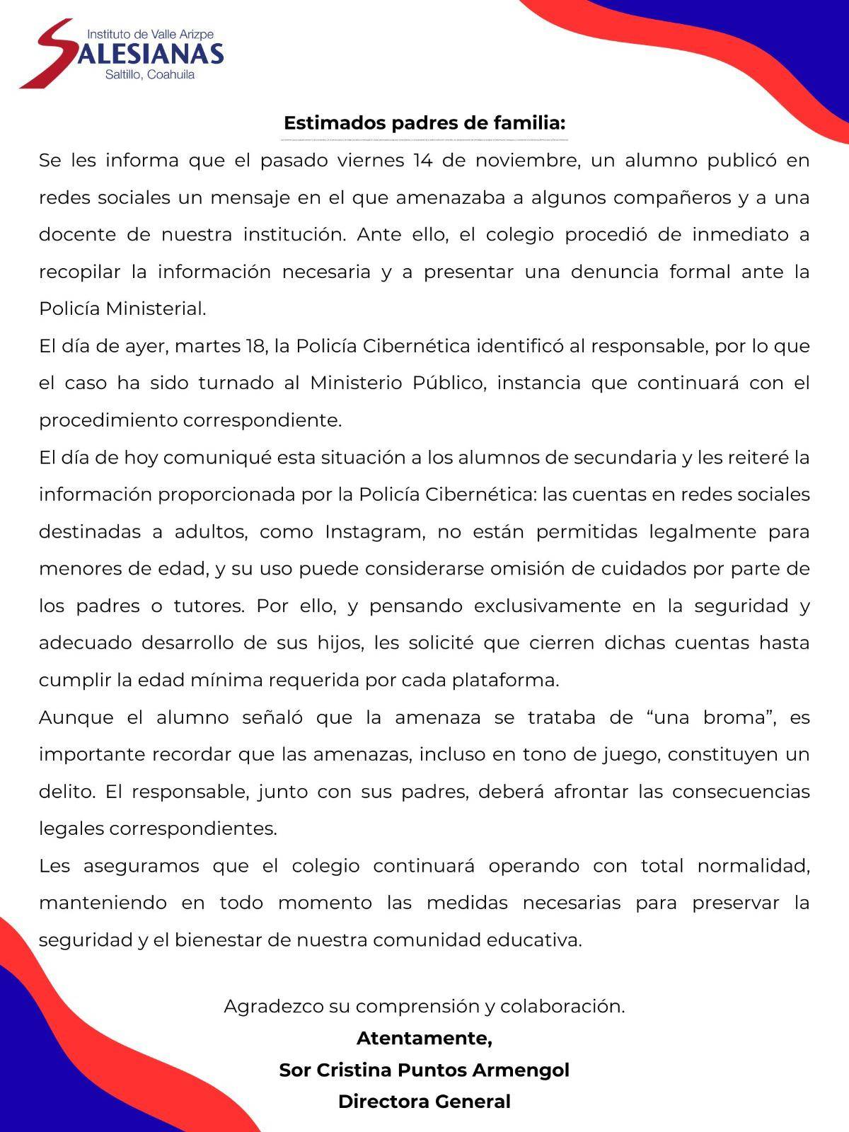 $!Padres de familia fueron informados mediante un comunicado interno sobre el caso.