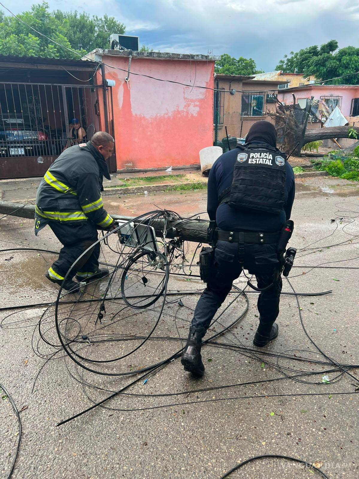 $!Bomberos y policías trabajaron para liberar vialidades afectadas por árboles y tendido eléctrico derribado.