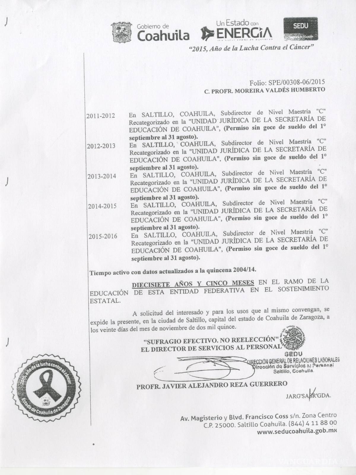 $!Humberto Moreira sólo trabajó 17 años y cinco meses, así lo dice su constancia de servicios