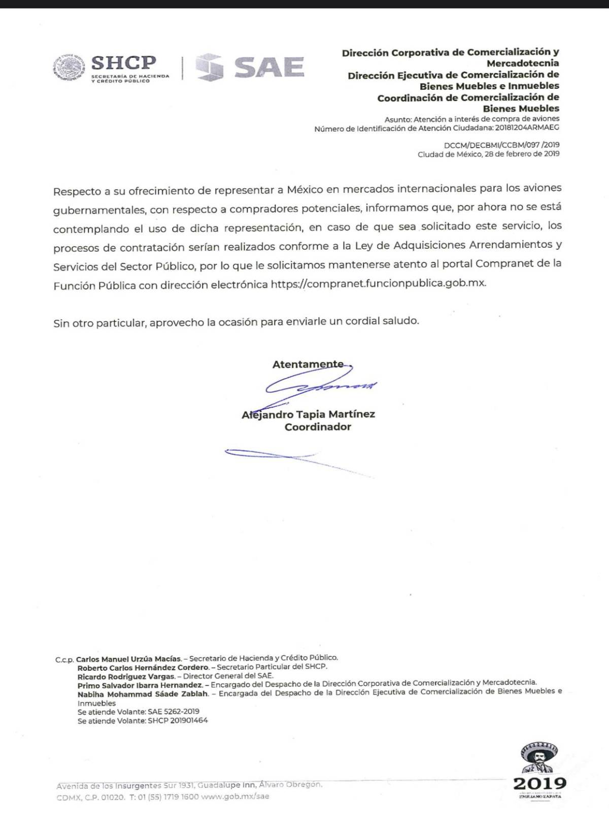 $!Recepción de la oferta por la SHCP 2.