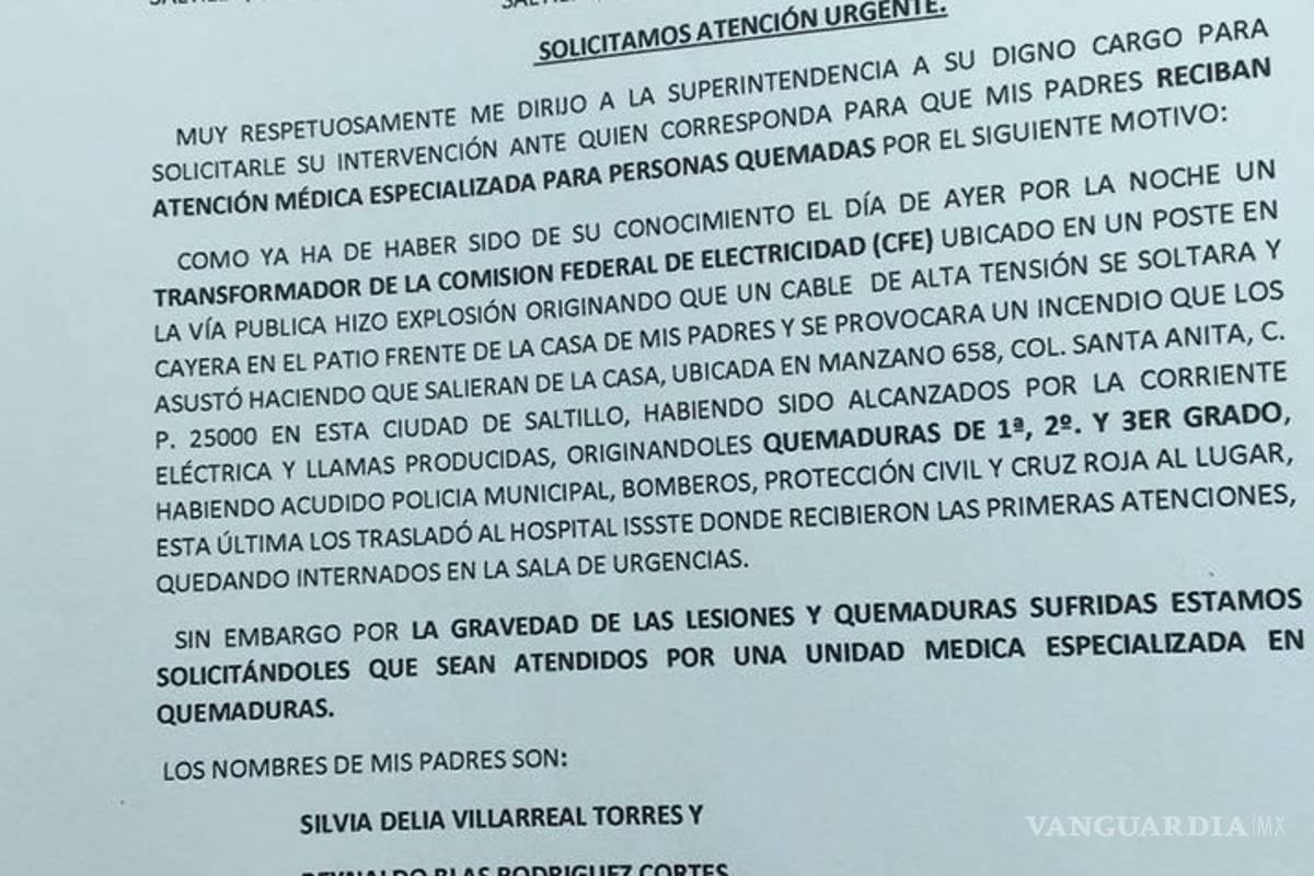 Familia de adultos pide que CFE de Saltillo se haga responsable por las quemaduras