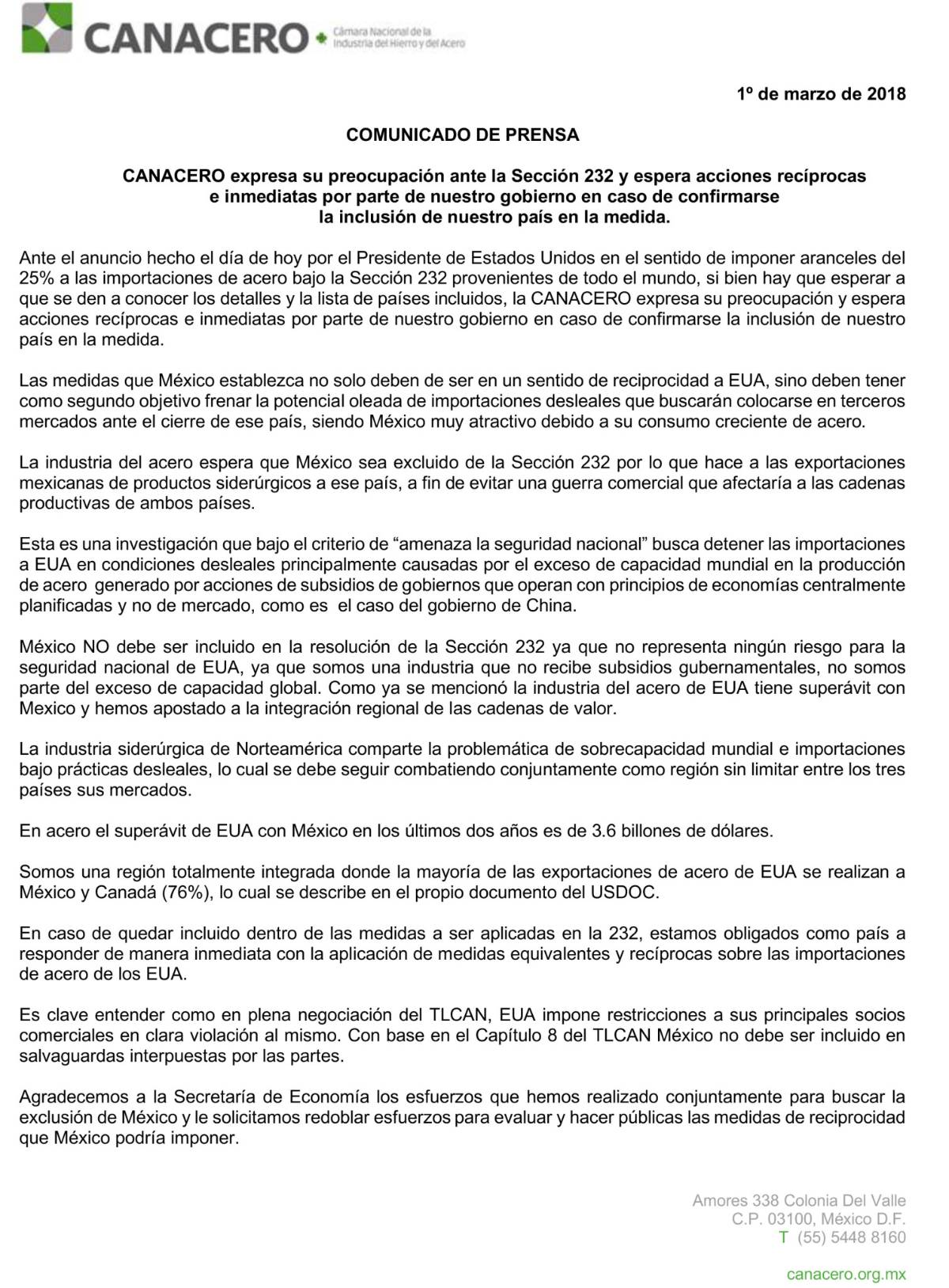 $!CANACERO expresa preocupación ante imposición de aranceles en importación de acero