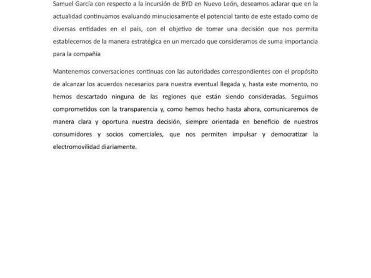 $!BYD desmiente a Samuel García sobre instalación de planta en Nuevo León