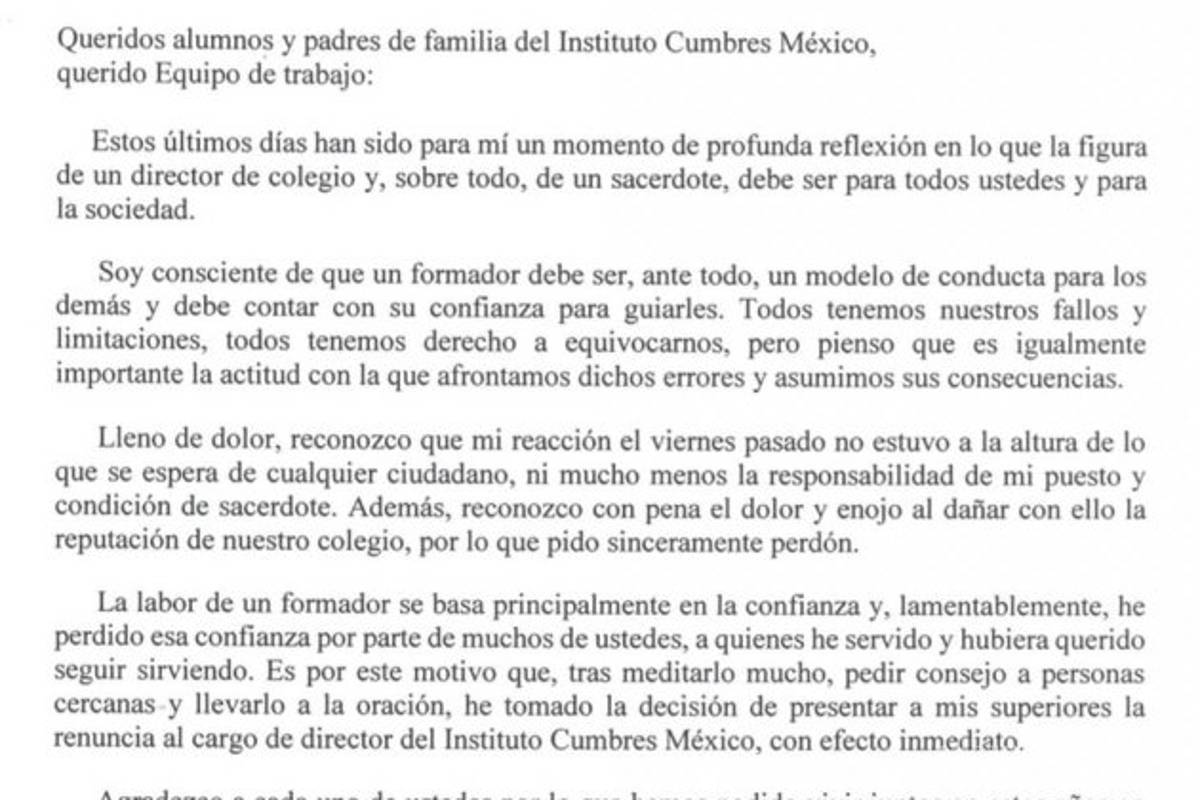 $!Renuncia sacerdote director del Instituto Cumbres tras escándalo vial
