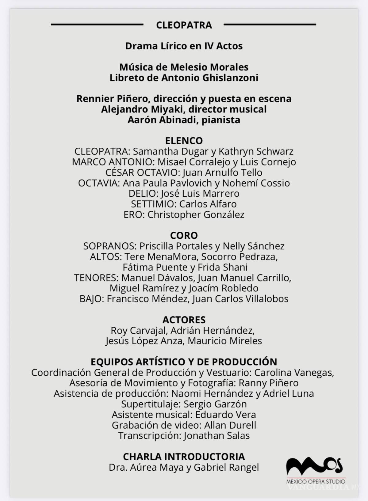 $!Elenco de la ópera ”Cleopatra”, de Melesio Morales.