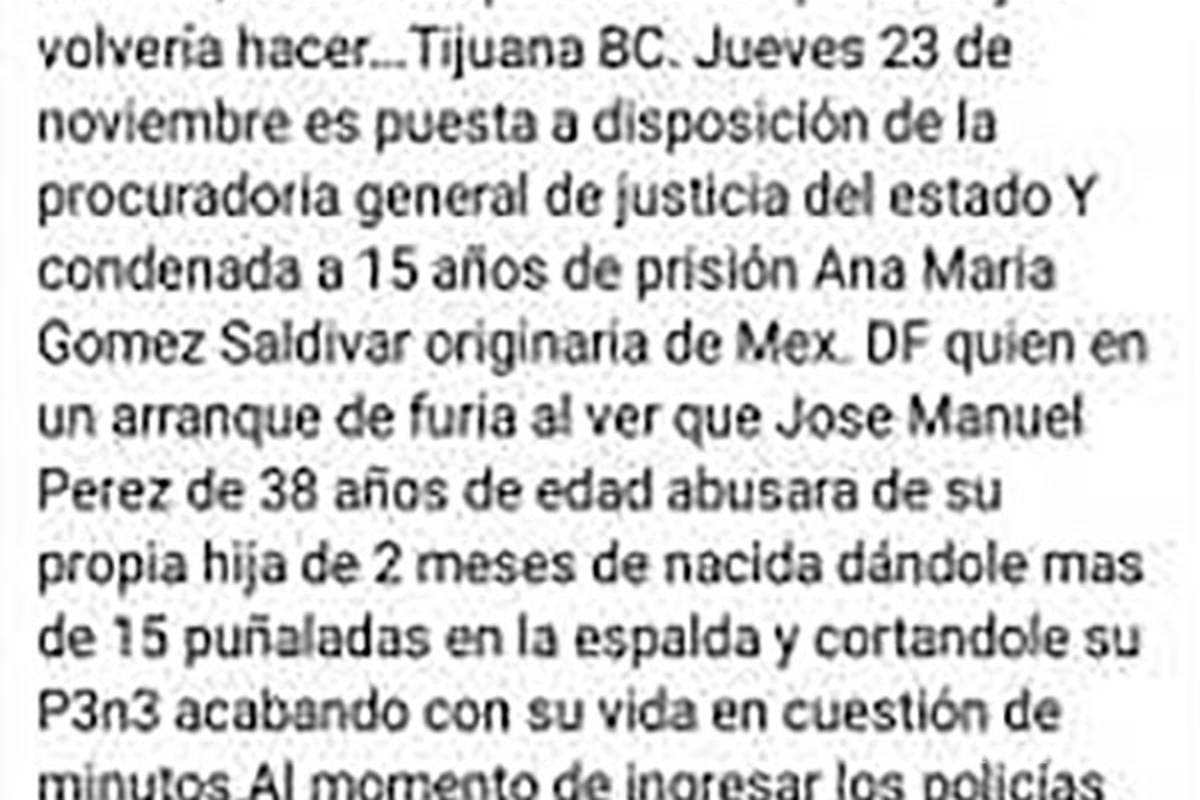 $!Falsa, la nota sobre mujer que asesinó a esposo por abusar de su bebé