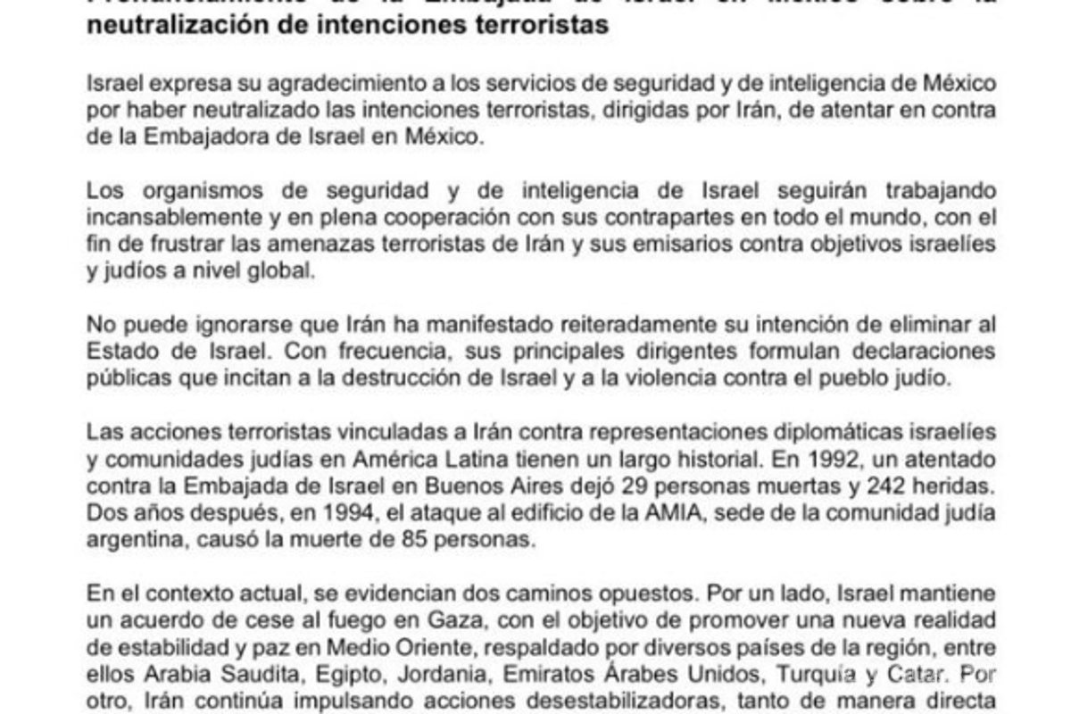 $!Israel agradeció México haber evitado supuesto atentado terrorista iraní contra embajadora