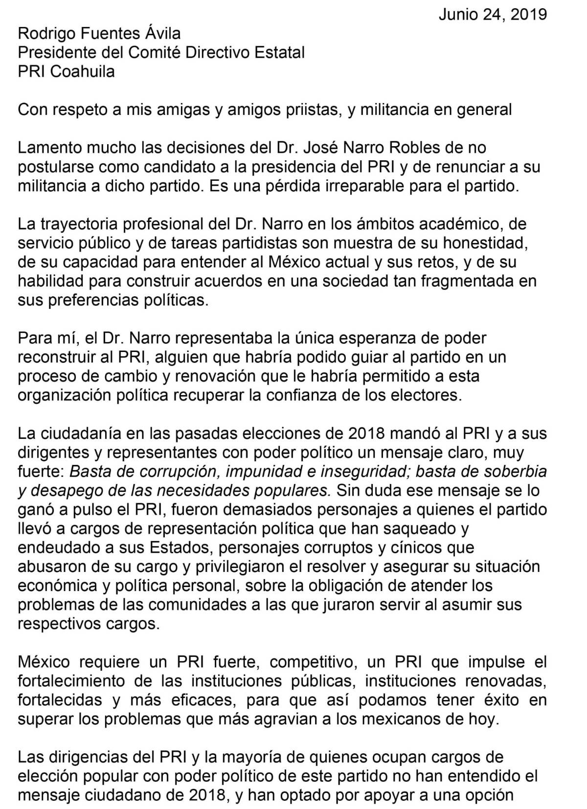 $!"Personajes corruptos y cínicos abusaron de su cargo": así renuncia Rogelio Montemayor al PRI