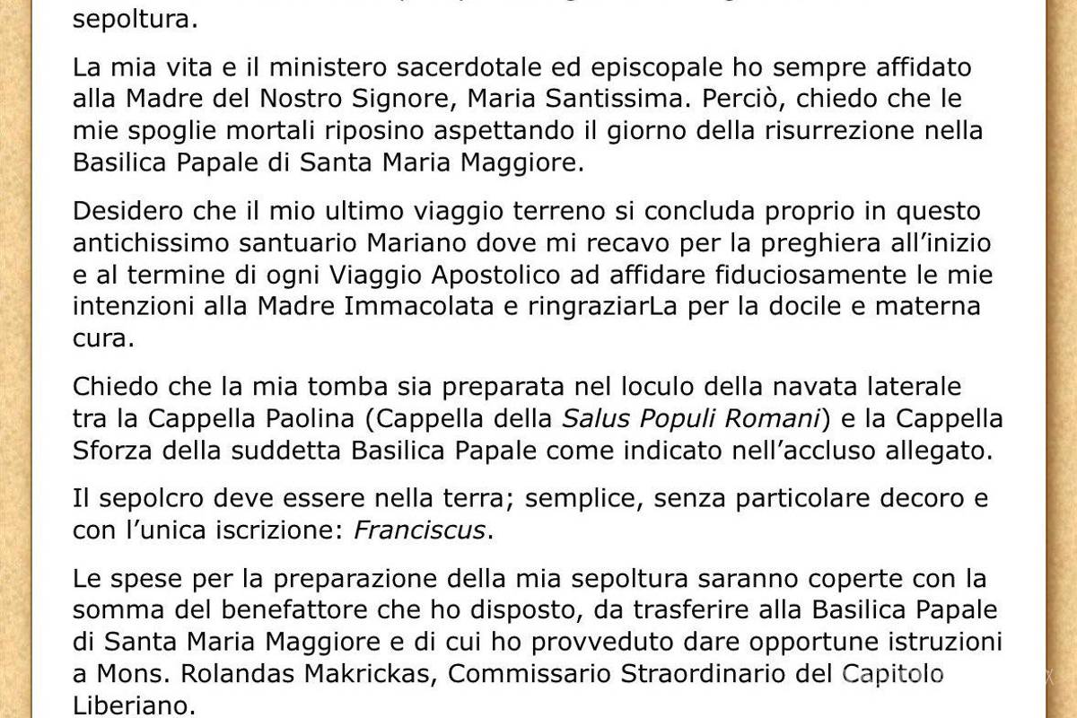$!Un entierro ‘sencillo, sin decoración particular’: Esto dice el testamento del Papa Francisco