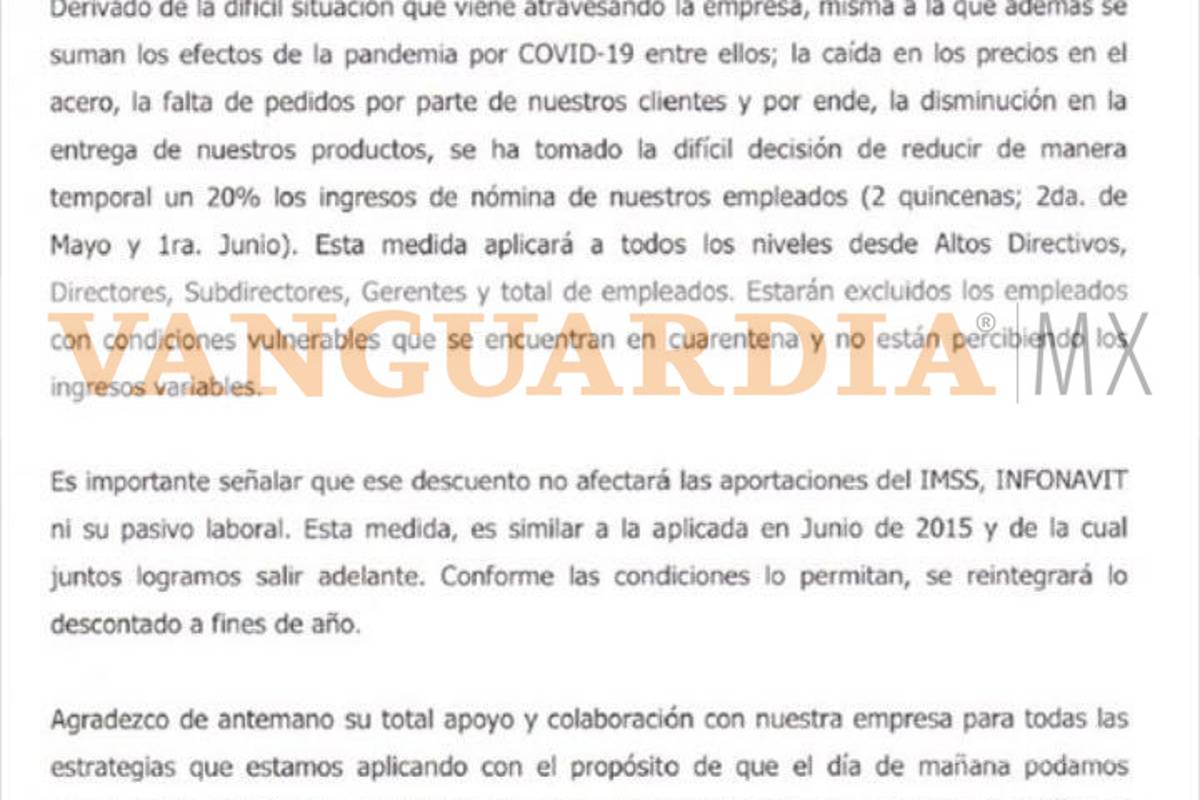 $!Bajará AHMSA 20% el sueldo a sus empleados por crisis