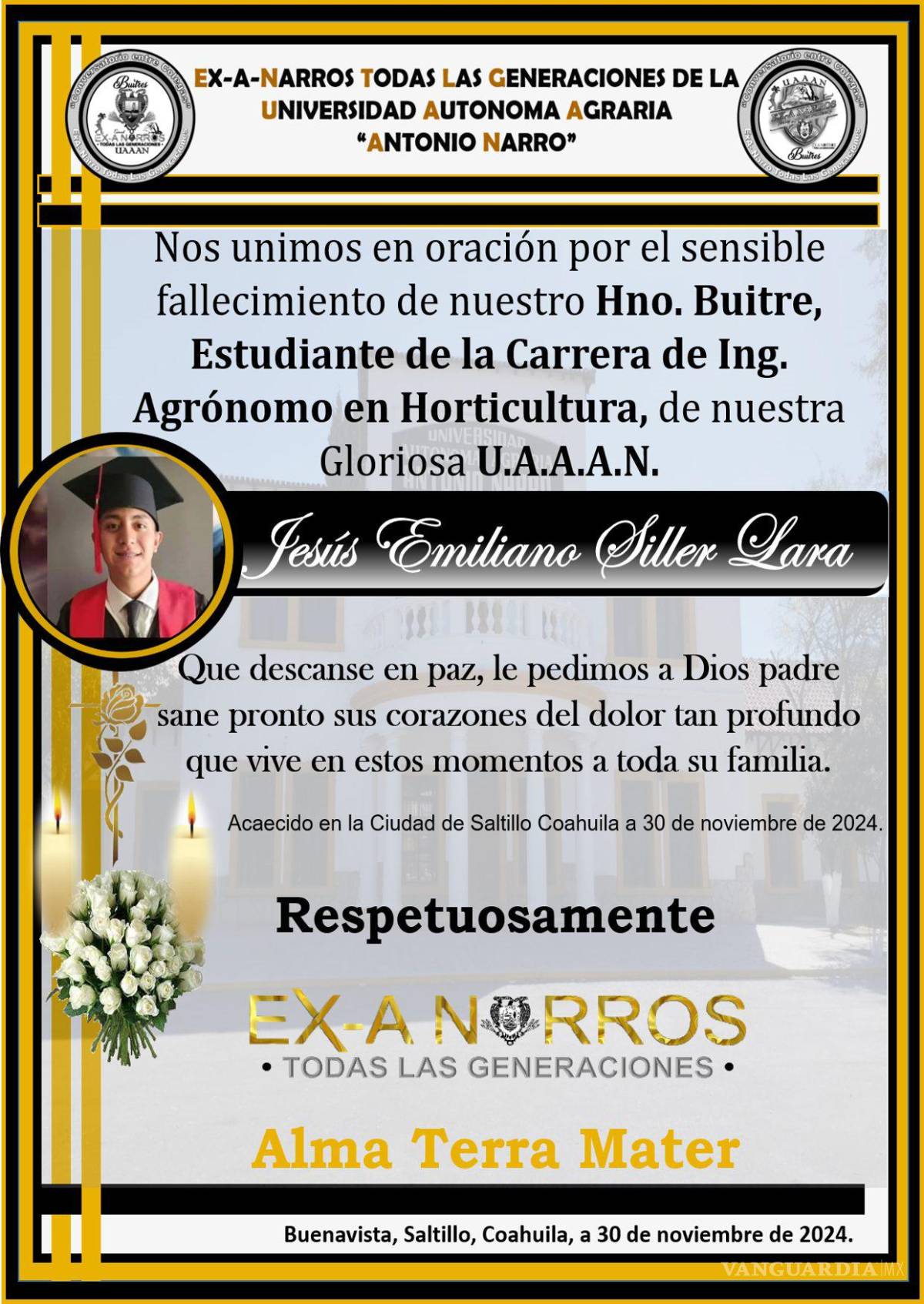 $!El trágico accidente automovilístico en Saltillo cobró la vida de Jesús Emiliano Siller, un joven prometedor de la Universidad Agrónoma Antonio Narro.