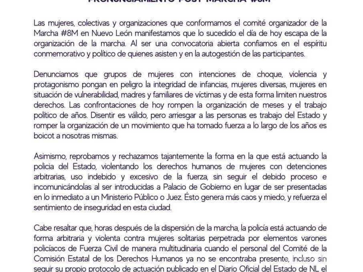 $!Comunicado oficial de colectivas feministas y mujeres autónomas de Nuevo León con respecto a los disturbios que obstaculizaron la marcha de 8m