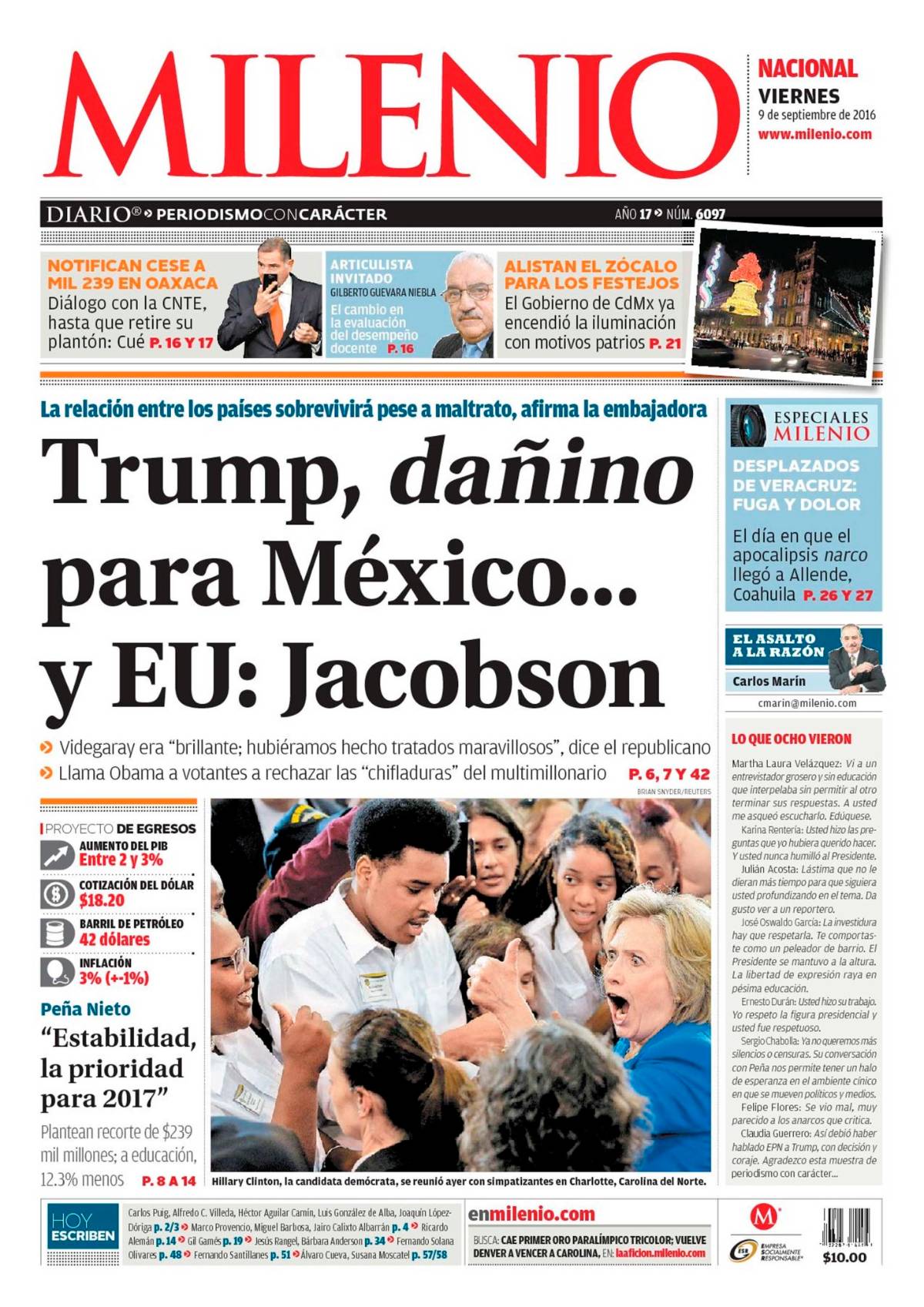 $!Titulares Prensa Nacional 09/09/2016
