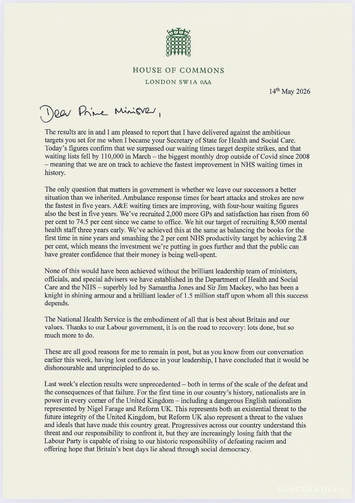 $!En un comunicado,Wes Streeting aseguró que, tras la debacle laborista en las elecciones locales, está claro que Starmer no podrá liderar la formación de izquierdas de cara a los próximos comicios de 2029.