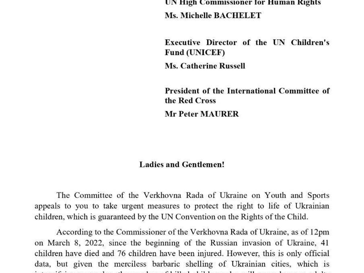 $!El Comité de Juventud y Deportes del parlamento ucraniano solicitó tomar medidas urgentes para proteger el derecho a la vida de los niños ucranianos