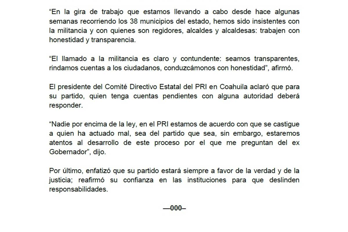 $!Se deslinda líder del PRI Coahuila de Jorge Torres López