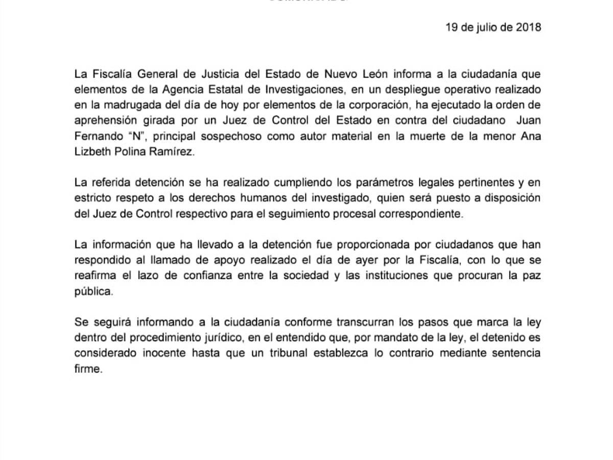 $!Capturan a presunto asesino de la niña Ana Lizbeth en NL
