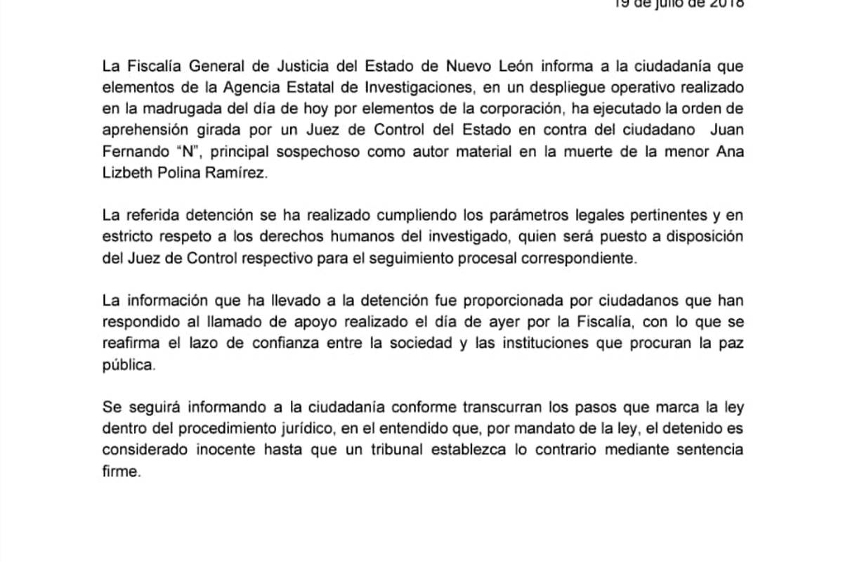 $!Capturan a presunto asesino de la niña Ana Lizbeth en NL