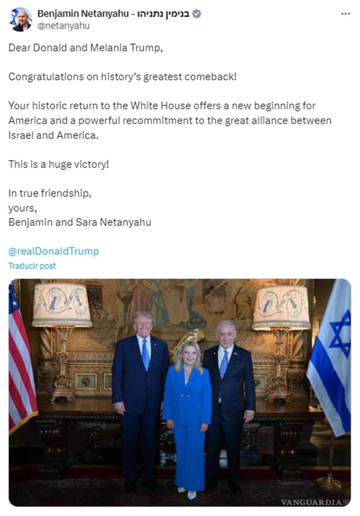 $!El primer ministro israelí, Benjamín Netanyahu, felicitó a Donald Trump por la mayor remontada de la historia, en un mensaje en redes sociales.