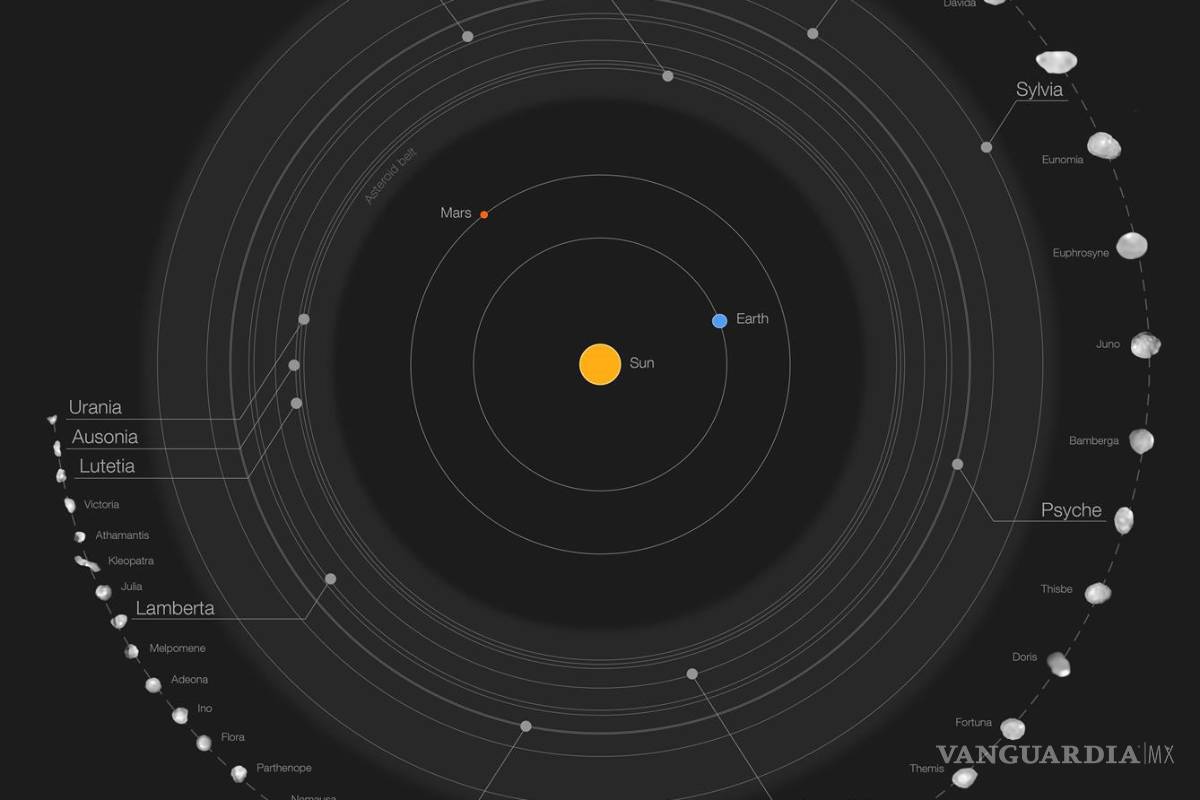 $!La imagen muestra 42 de los mayores objetos del cinturón de asteroides, situado entre Marte y Júpiter. La mayoría tiene un tamaño superior a los 100 kilómetros. EFE/European Southern Observatory/M. Kornmesser/Vernazza et al./MISTRAL algorithm (ONERA/CNRS)