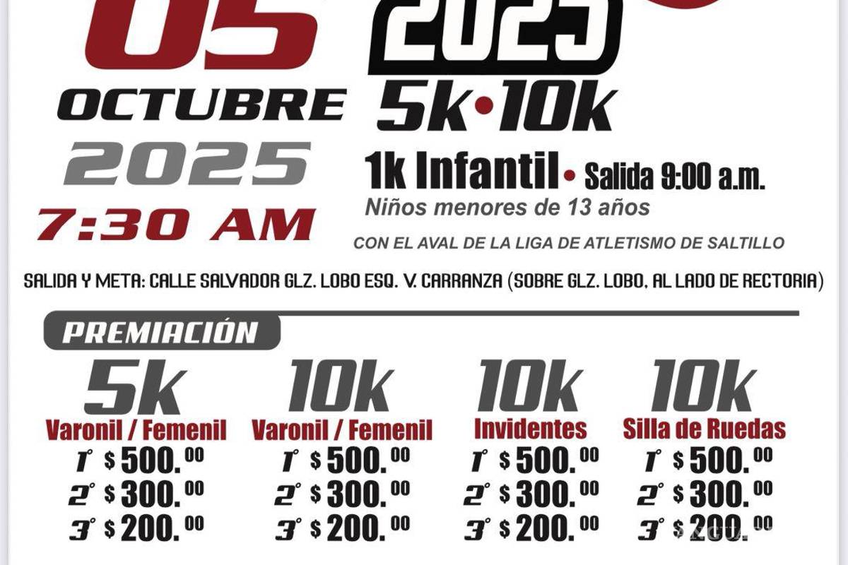 $!La 14ª edición de la Carrera “Chuy Flores” se realizará el 5 de octubre de 2025 en Saltillo, con recorridos de 5K y 10K, una carrera infantil de 1K, inscripciones accesibles de 40 pesos y categorías inclusivas para corredores invidentes y en silla de ruedas.