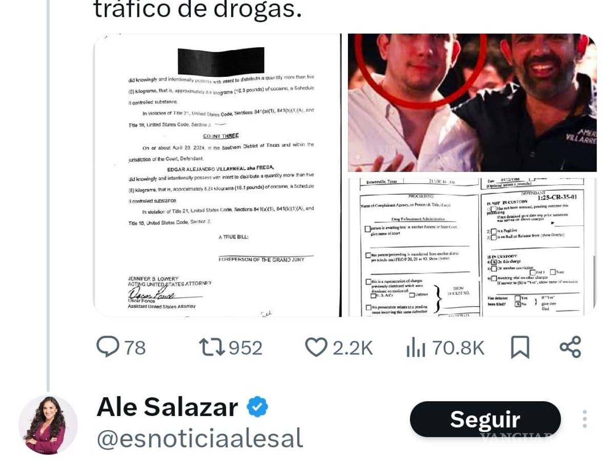 $!Ale Salazar, morenista de Coahuila, responde a través de Twitter a la detención de Édgar Villarreal, alias “El Fresa”, pero aún no ha ofrecido una postura oficial del partido.
