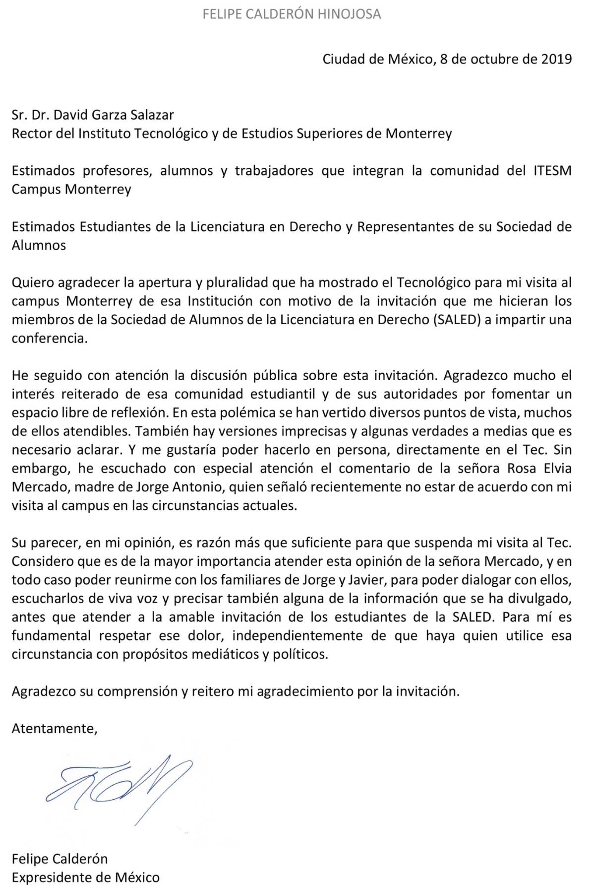 $!Cancela Felipe Calderón participación en Simposio del Tec de Monterrey; organizadores buscaban un 'diálogo e intercambio de ideas'