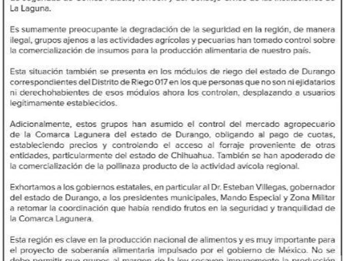 $!Sector agropecuario denuncia que ‘grupos’ han tomado control del agua y comercialización de productos en La Laguna de Durango