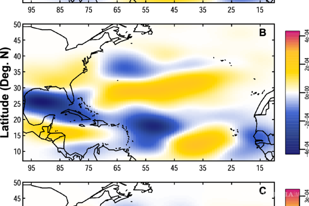 $!Mapas de diferencia de densidad de los lugares donde los ciclones tropicales se intensifican más rápidamente.