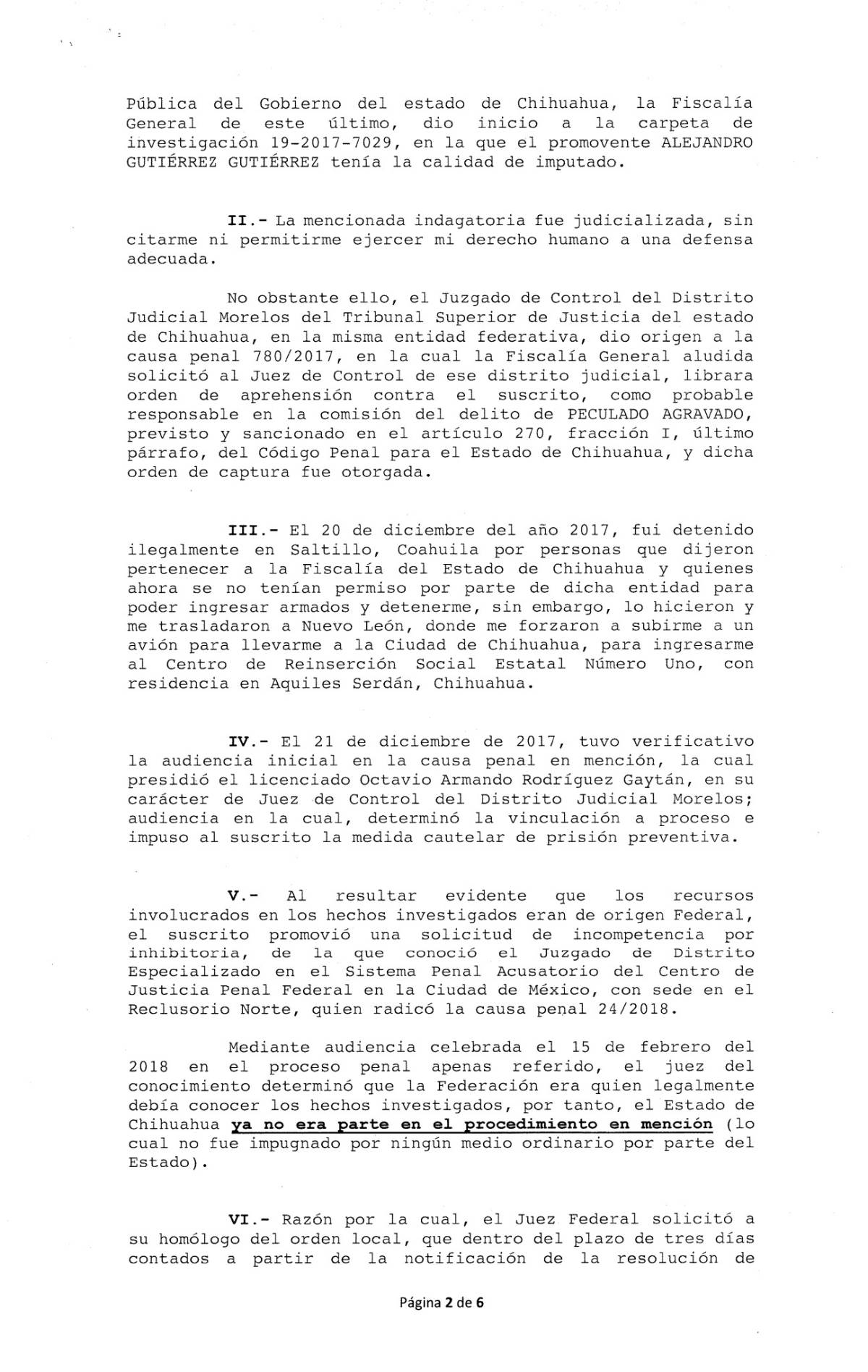 $!Alejandro Gutiérrez presenta denuncia contra Gobierno de Chihuahua por privación ilegal de la libertad