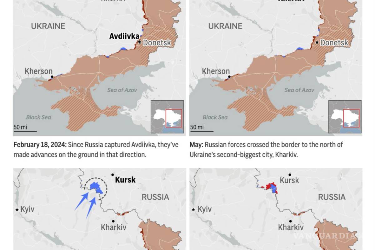 $!El mapa de arriba muestra la progresión en los campos de batalla de Ucrania y Rusia en 2024 mientras la guerra se embarca en su día número 1,000.