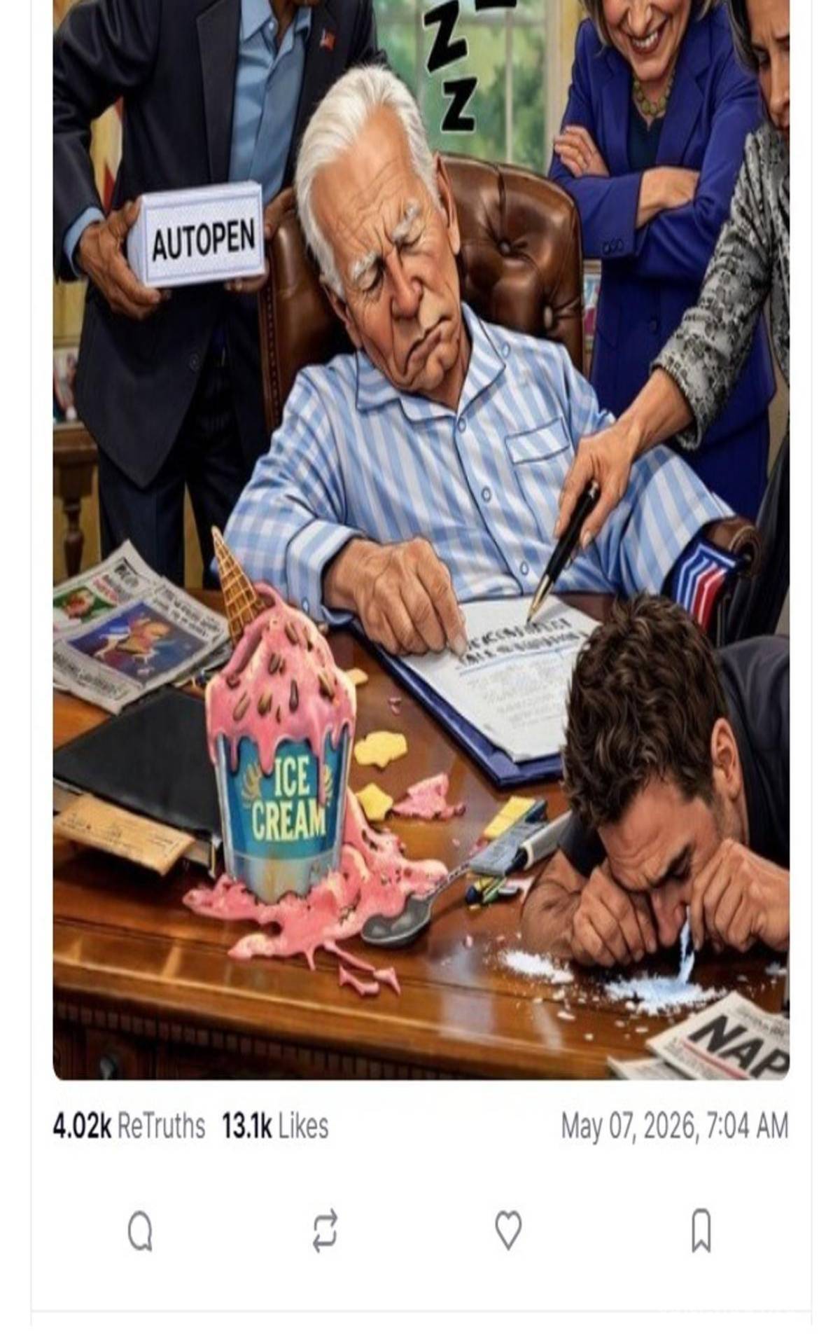 $!Fotografía publicada en la cuenta oficial de la red Truth Social de Trump con la frase: Una representación sumamente precisa de la Administración del 'Dormilón Joe' Biden. Se ha causado un daño tremendo, ¡¡¡pero hemos vuelto!!!.