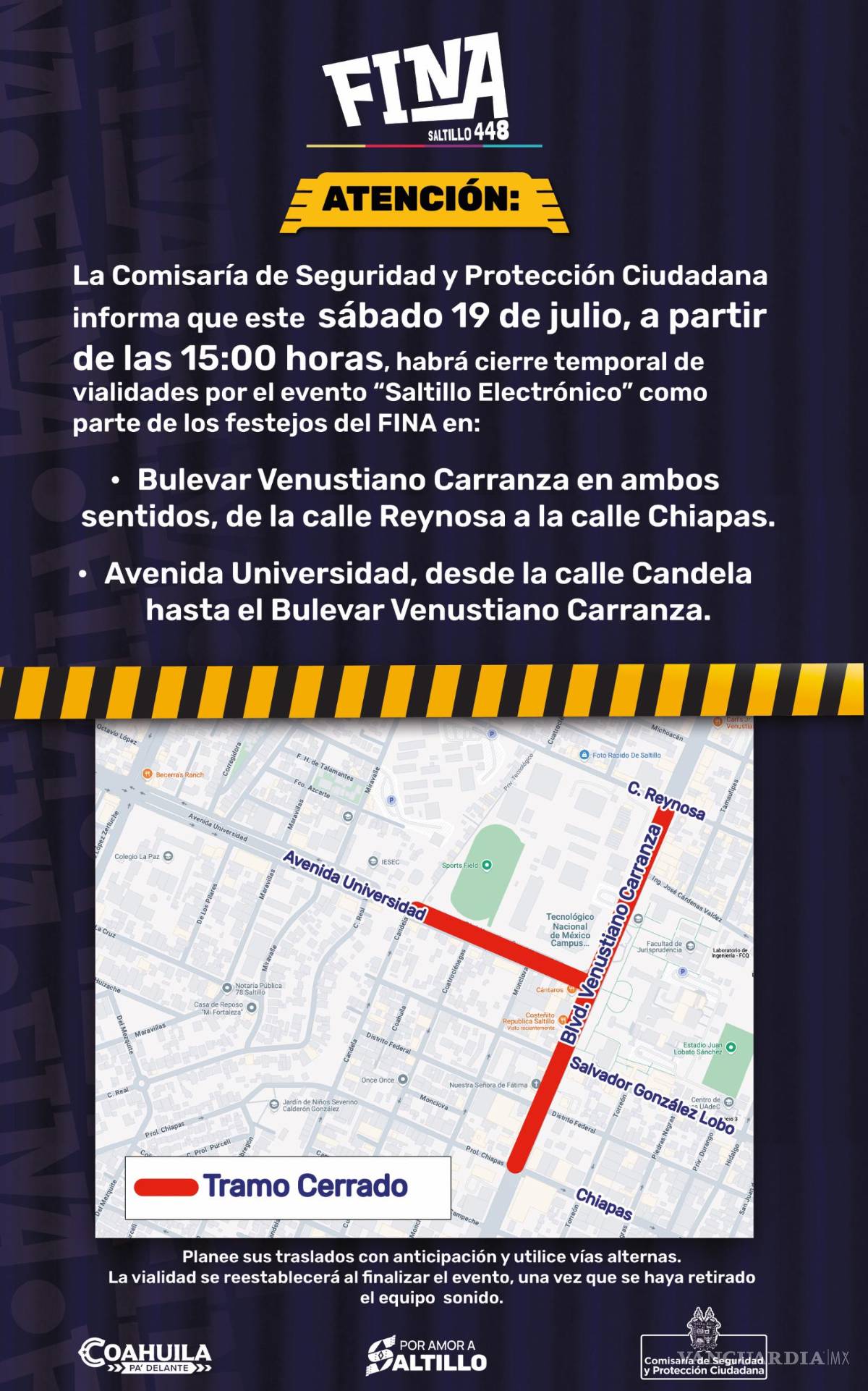 $!Habrá cierres viales por concierto ‘Saltillo Electrónico’ este sábado; use vías alternas