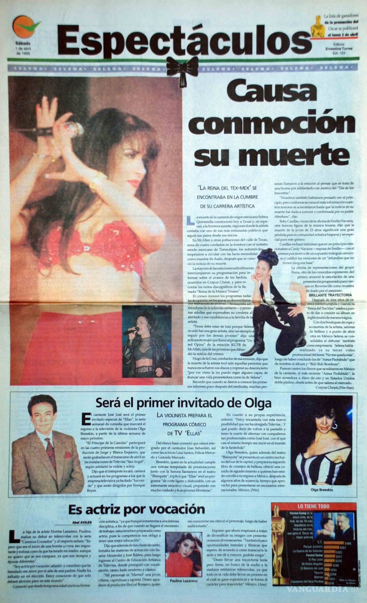 $!Así anunció VANGUARDIA la muerte de Selena en 1995