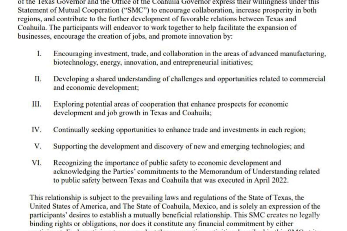 $!Este es el acuerdo que mostró el Gobierno de Texas en un comunicado de prensa.