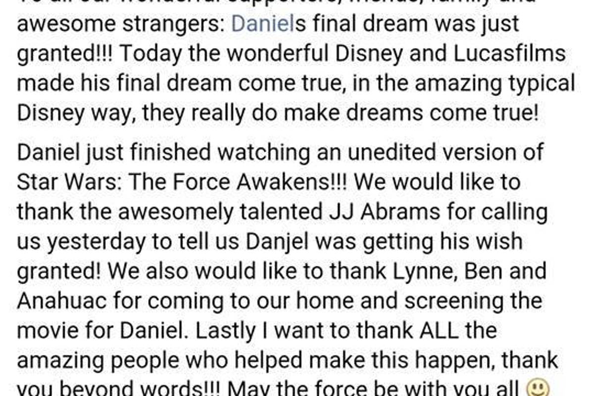 Proyectan nueva cinta de 'Star Wars' para enfermo terminal