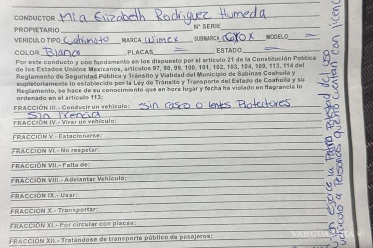 $!La boleta de infracción emitida por el Ayuntamiento de Sabinas contra una niña de 9 años se viralizó y generó fuertes críticas por presunto abuso de autoridad.