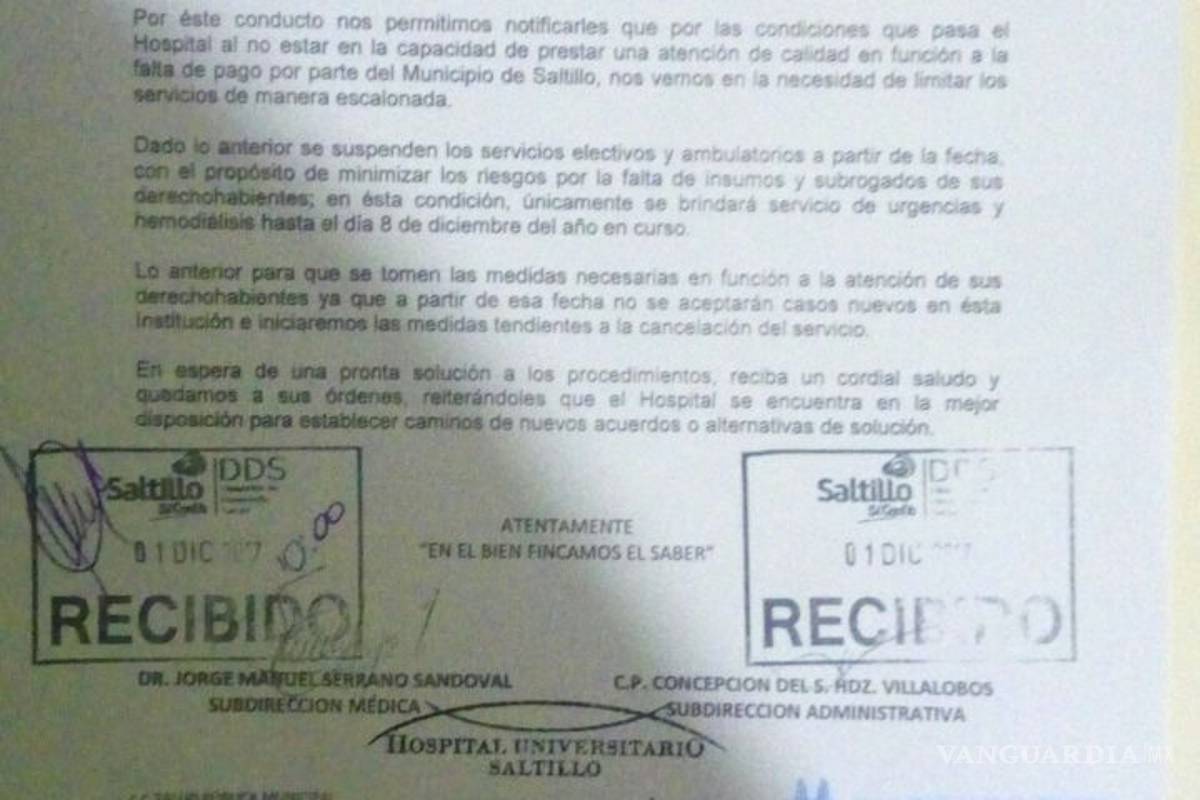 Suspende Hospital Universitario servicio a burócratas del Municipio de Saltillo; deben 22 millones de pesos