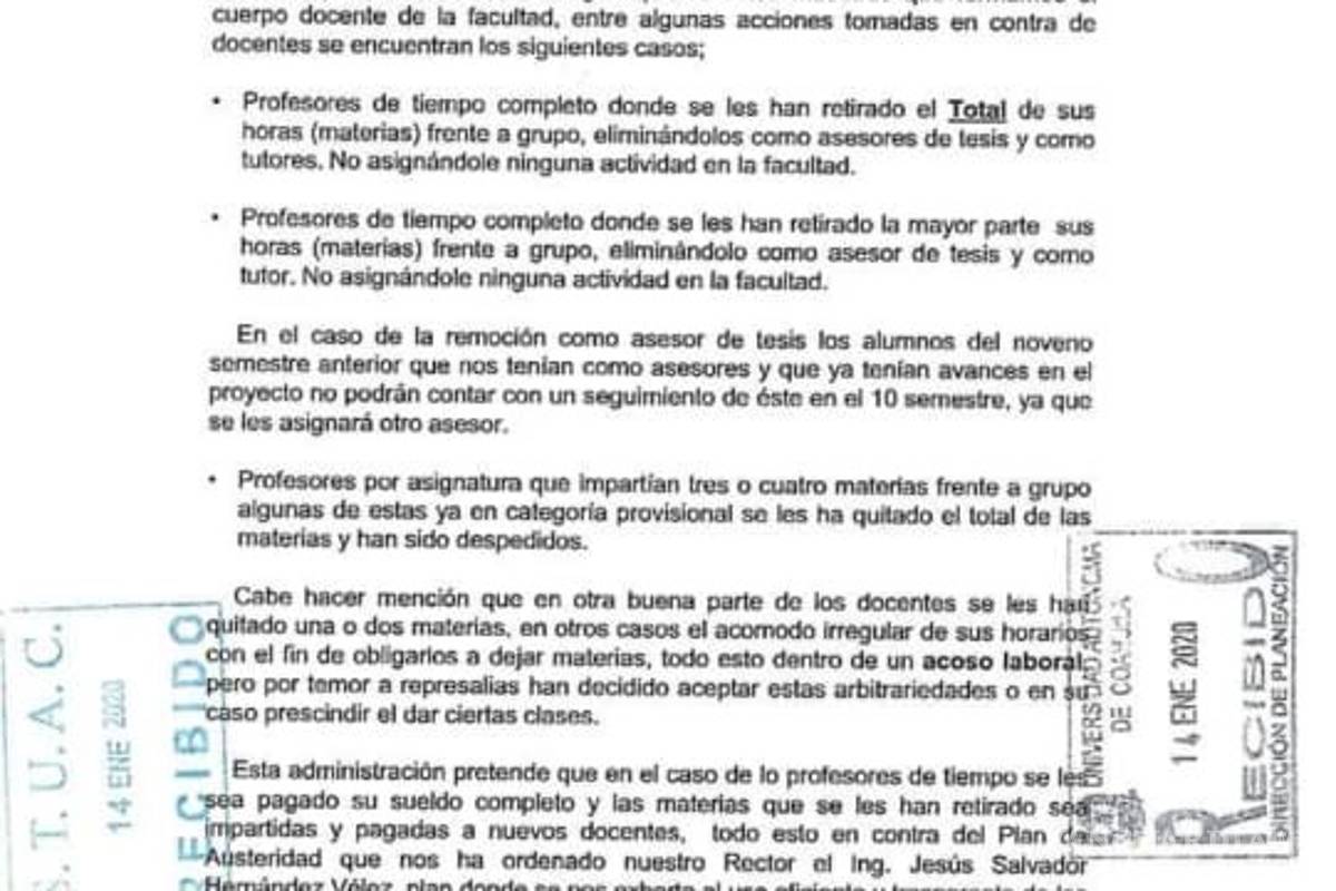 $!Denuncian maestros de Arquitectura acoso laboral en la UAdeC