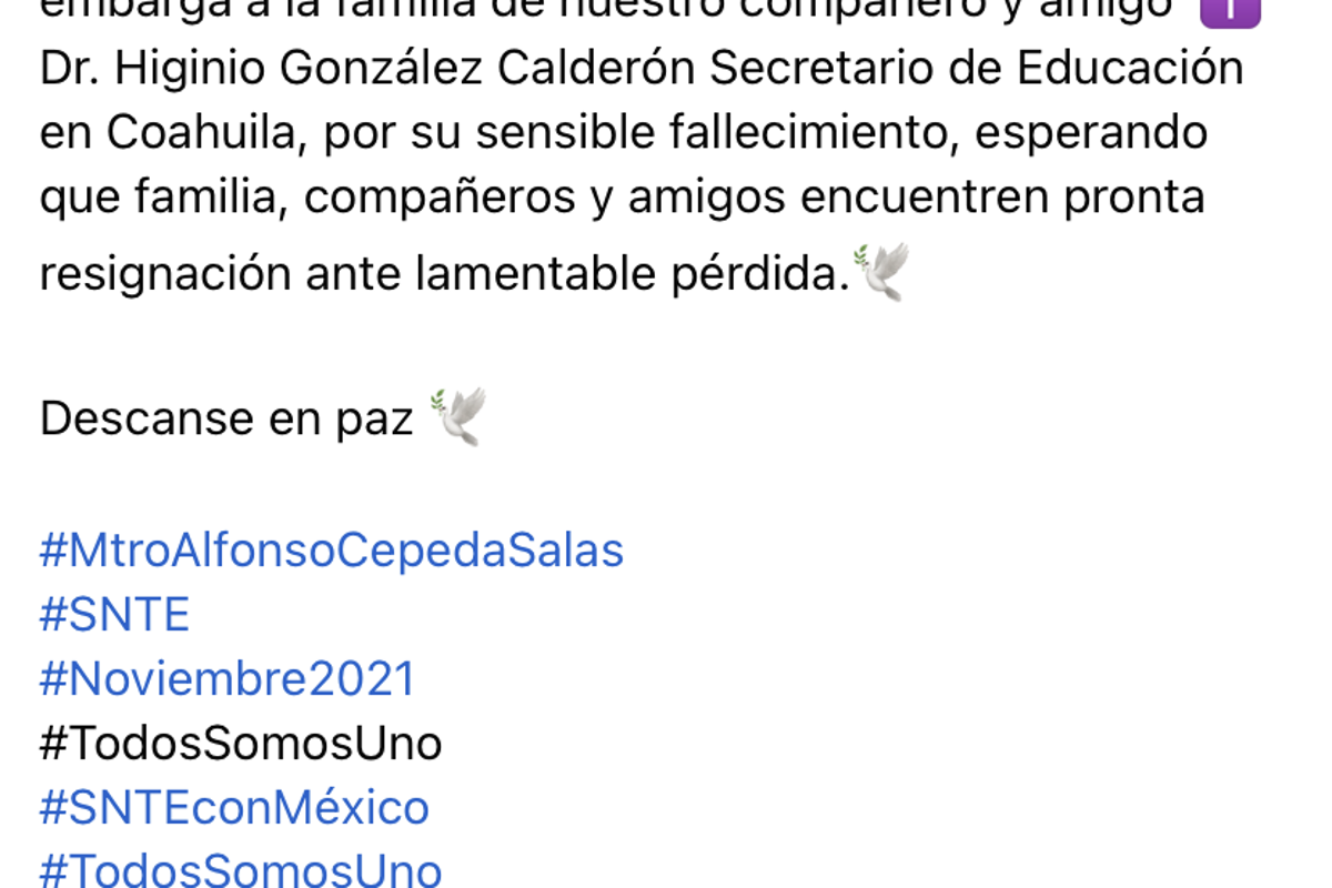 Lamentan fallecimiento del secretario de Educación, Higinio González Calderon