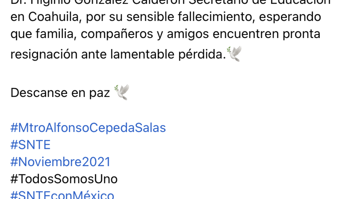 Lamentan fallecimiento del secretario de Educación, Higinio González Calderon