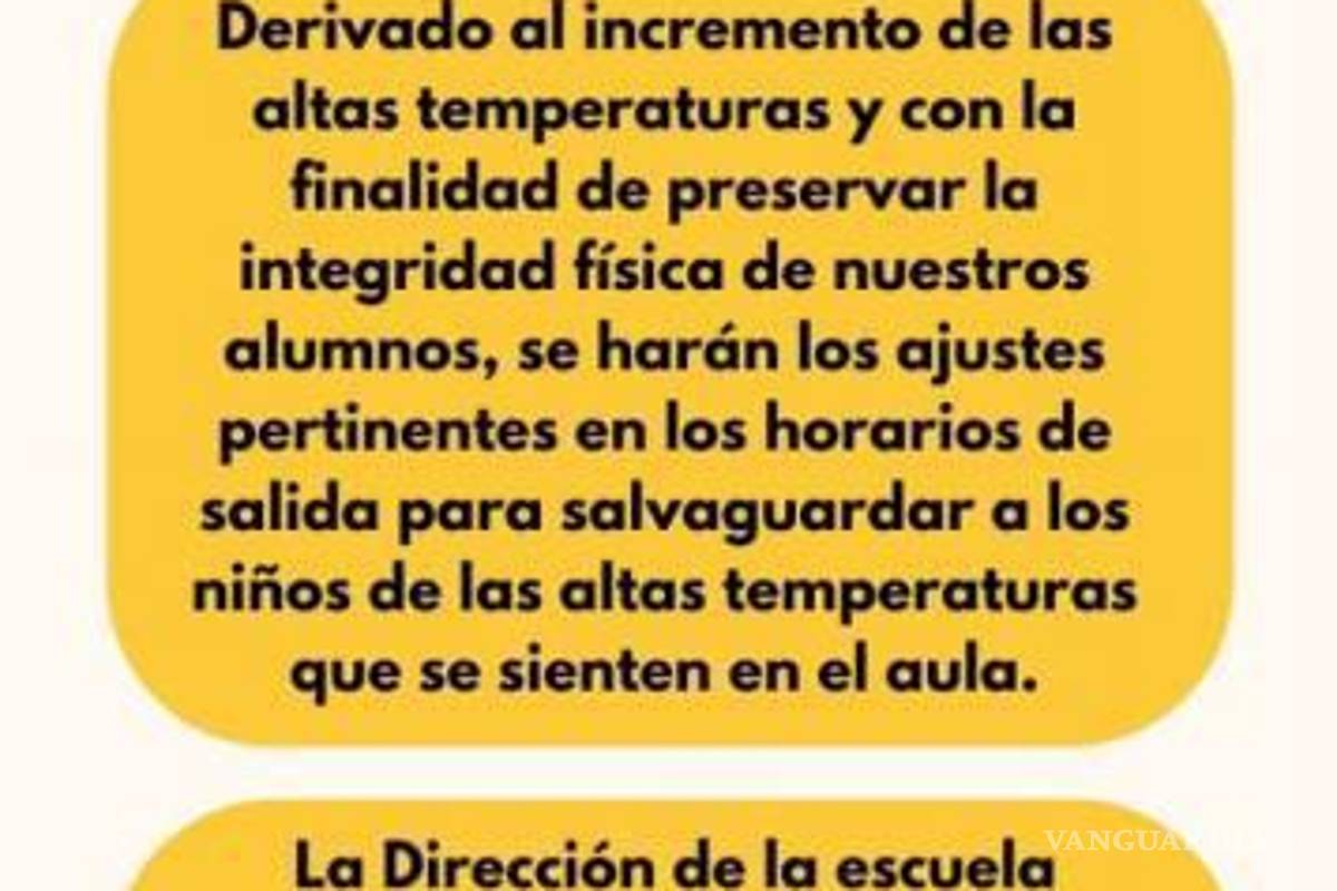 $!La dirección de la escuela primaria Ford 171 “Eloy Dewey Saavedra” T.M. informó sobre las recomendaciones y ajustes en los horarios escolares para proteger a los alumnos de Saltillo ante la ola de calor.