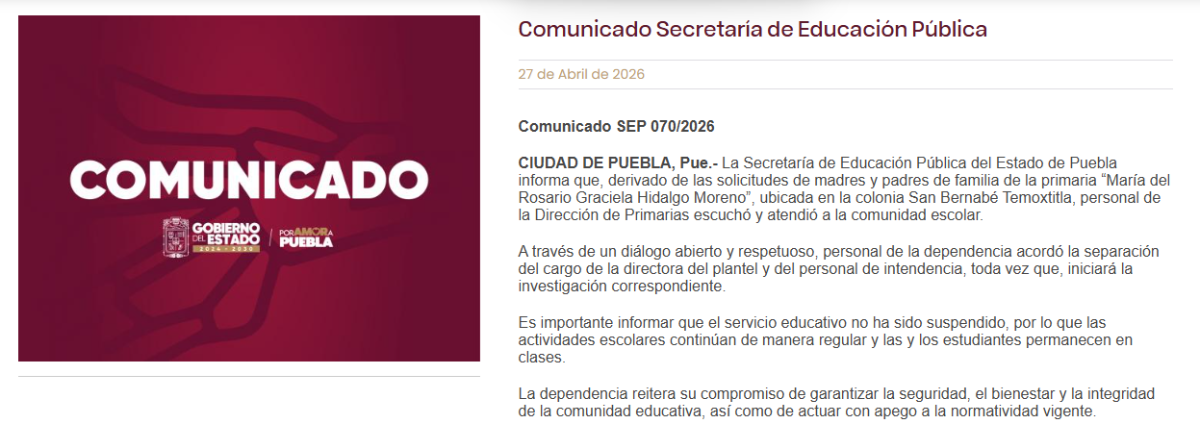 $!Separan a directora y conserje de primaria en Puebla tras denuncias de presunto espionaje en baños