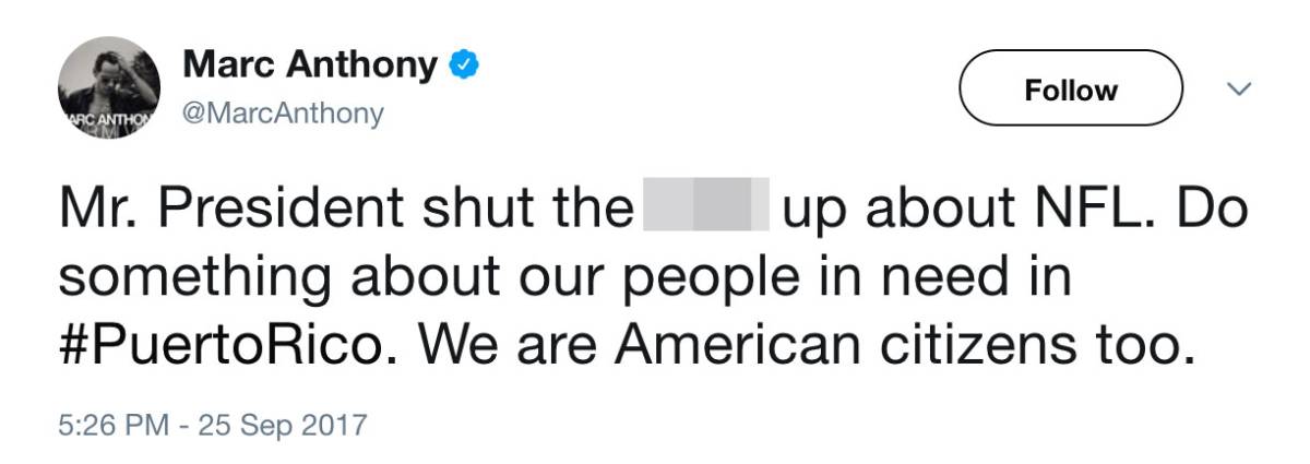 $!“Cállese sobre la NFL” dice Marc Anthony a Trump por su inacción por Puerto Rico