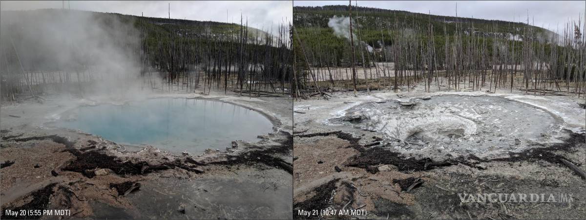 $!Drenaje de la piscina natural Cistern Spring durante las grandes erupciones del Steamboat Geyser.