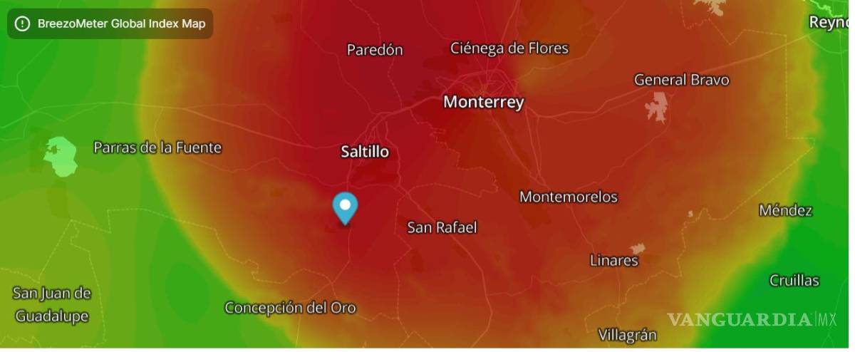 $!El monitoreo de BreezoMeter muestra así la calidad del aire de Saltillo poco antes de las 20:00 horas de este sábado.