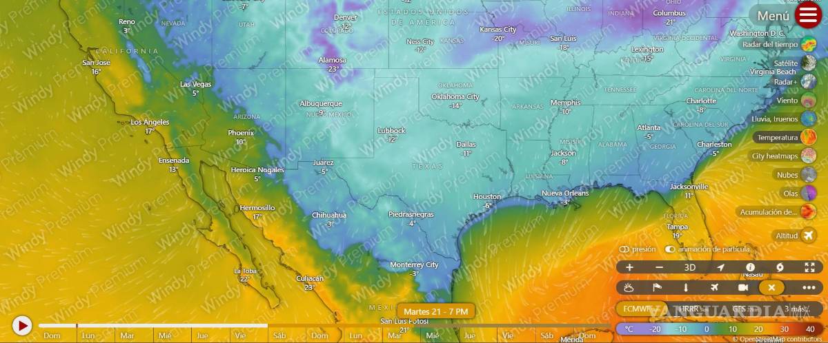 $!La herramienta digital Windy muestra cómo se vería la tormenta invernal que afectará Canadá, Estados Unidos y el norte de México.