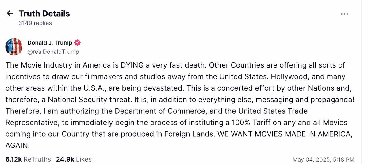 $!Trump autorizó al Departamento de Comercio y a la Oficina del Representante Comercial la imposición de un arancel del 100% “a cualquier y todas las películas que entren a nuestro país y que sean producidas en tierras extranjeras”.