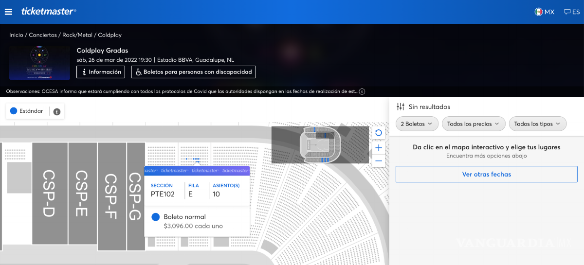$!En la página de Ticketmaster ya hay lugares liberados en el área de gradas del Estadio BBVA para el 26 de marzo.