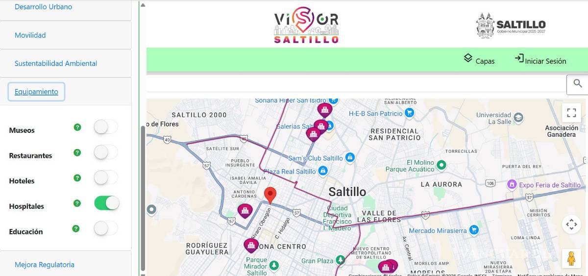 $!Así se ve la ubicación de hospitales en la ciudad, de acuerdo con Visor Saltillo.